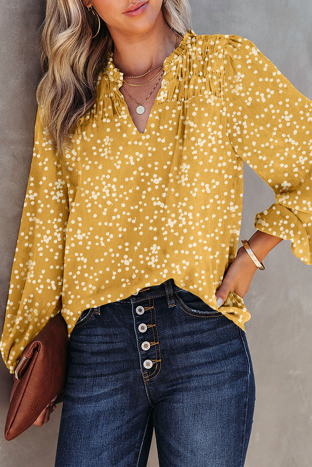 Pink Split Neck Fall Printed Crinkled Blouse eAura