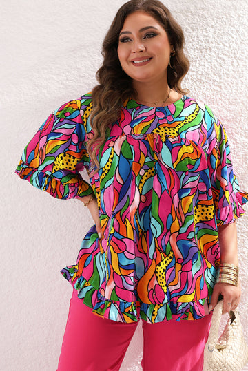 Rose Abstract Print Plus Size Frilly Trim Blouse BB Fashion Outlet