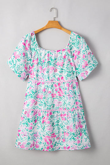 White Floral Print Ric-rac Trim Square Neck Plus Size Mini Dress BB Fashion Outlet
