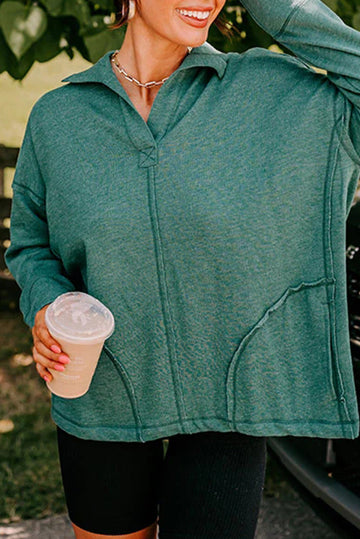 Evergreen Exposed Seam Collared Pocketed Loose Sweatshirt eAura