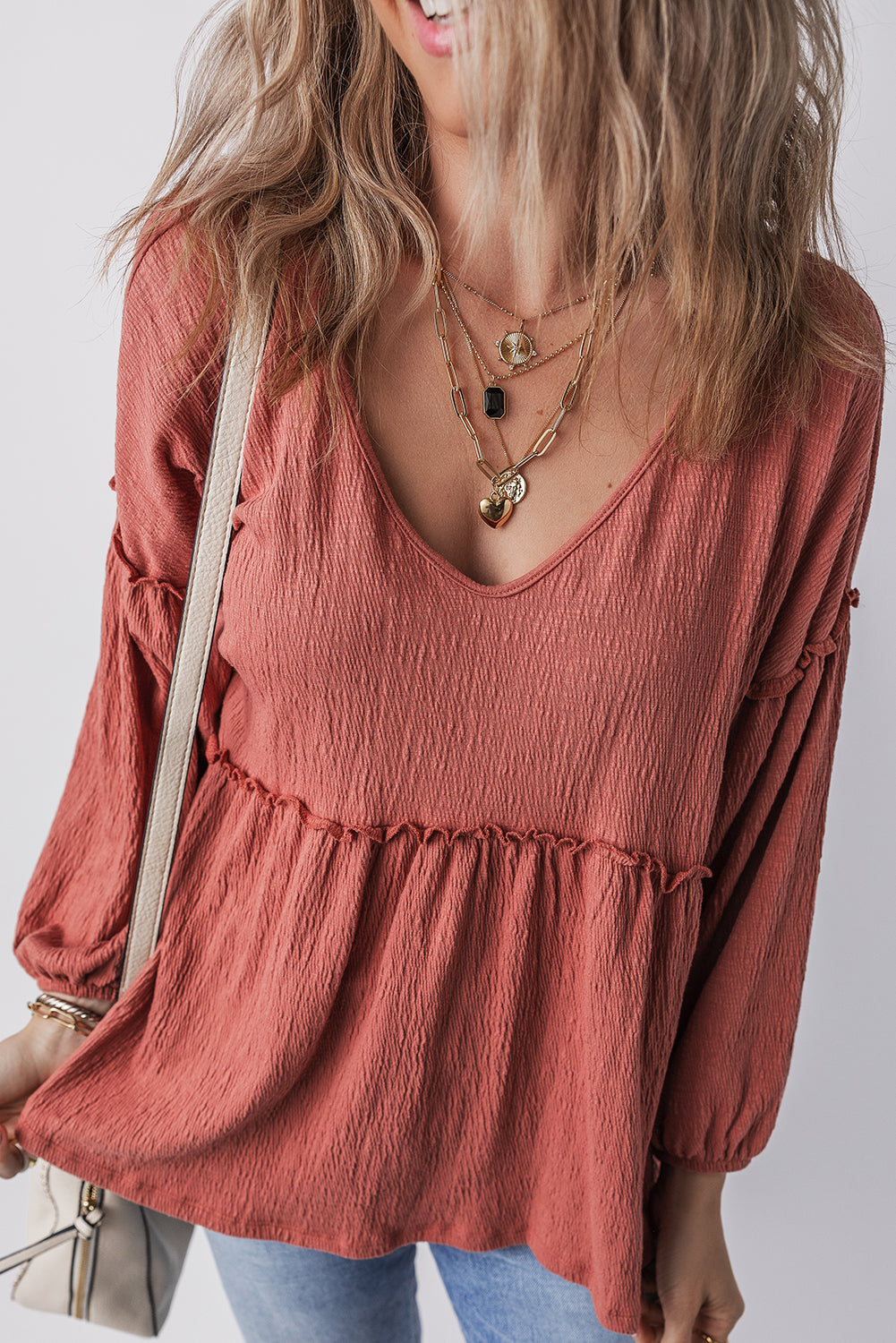 Mineral Red Solid Colour Textured Frilled Trim V Neck Puff Sleeve Blouse eAura