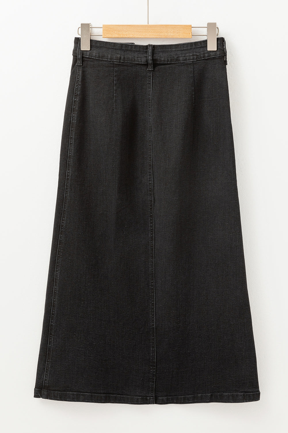 Black Button Fly Side Split High Waist Denim Midi Skirt eAura