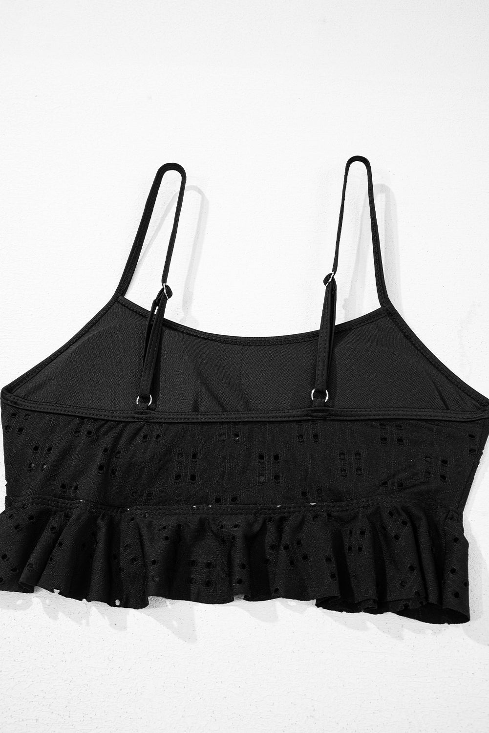 Black Eyelet Pattern Knotted Ruffle Trim 3pcs Bikini Set eAura