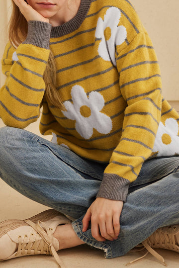 Yellow Stripe Daisy Floral Knitted Round Neck Sweater eAura