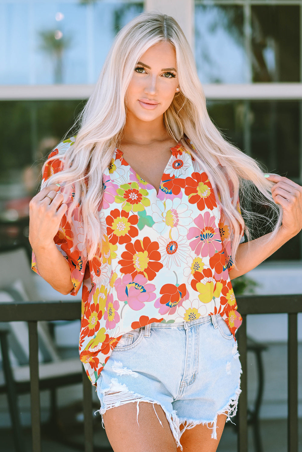 MultiColour Floral Print V Neck Half Sleeve Blouse eAura
