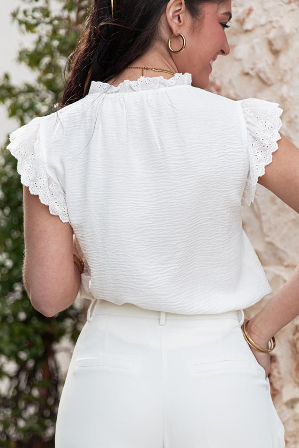 White Embroidered Ruffle Trim Textured Blouse eAura