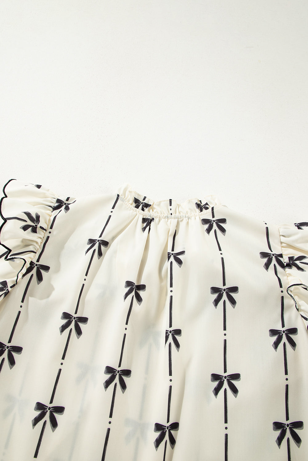 Beige Bow Printed Ruffled Bubble Sleeve Tied Notched V Neck Blouse eAura