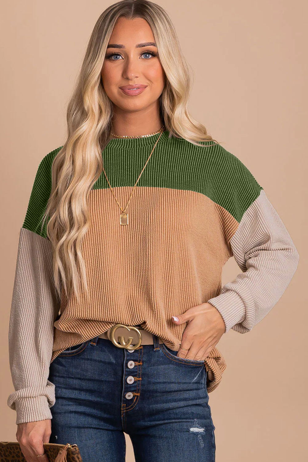 Pink Colour Block Long Sleeve Ribbed Loose Top eAura