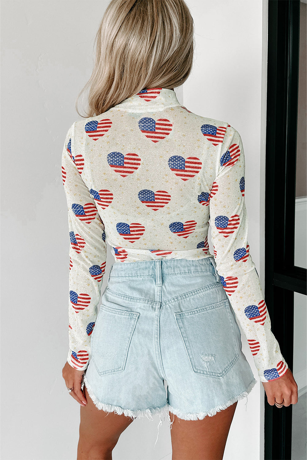 White Americana Glitter Mesh Long Sleeve Bodysuit eAura