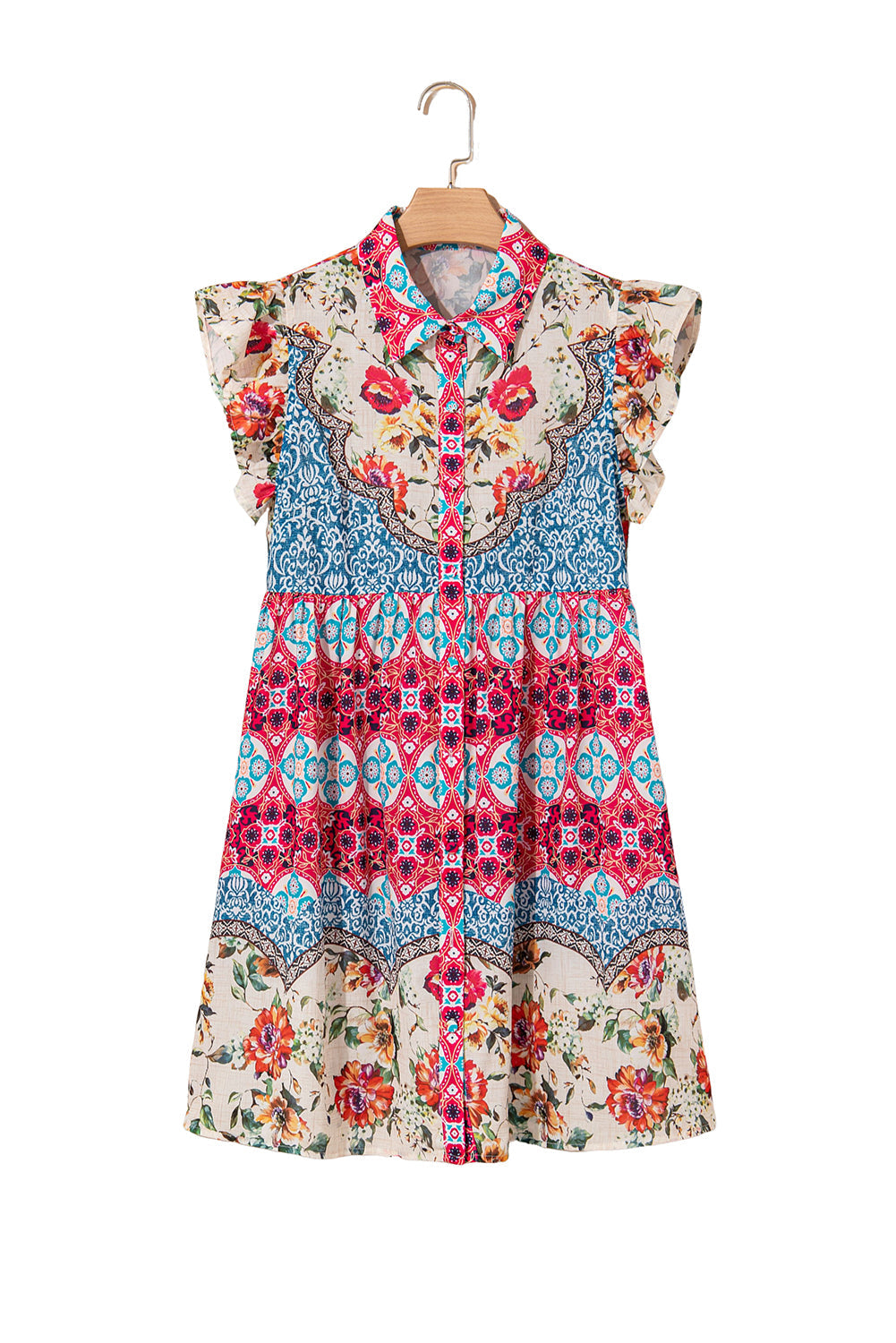 Rose Floral Mixed Pattern Ruffle Flutter Sleeve Buttoned Dress eAura