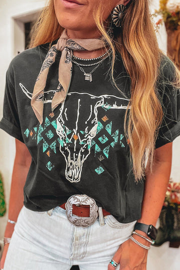 Carbon Grey Vintage Western Bull Head Skull Turquoise Aztec Graphic T Shirt BB Fashion Outlet