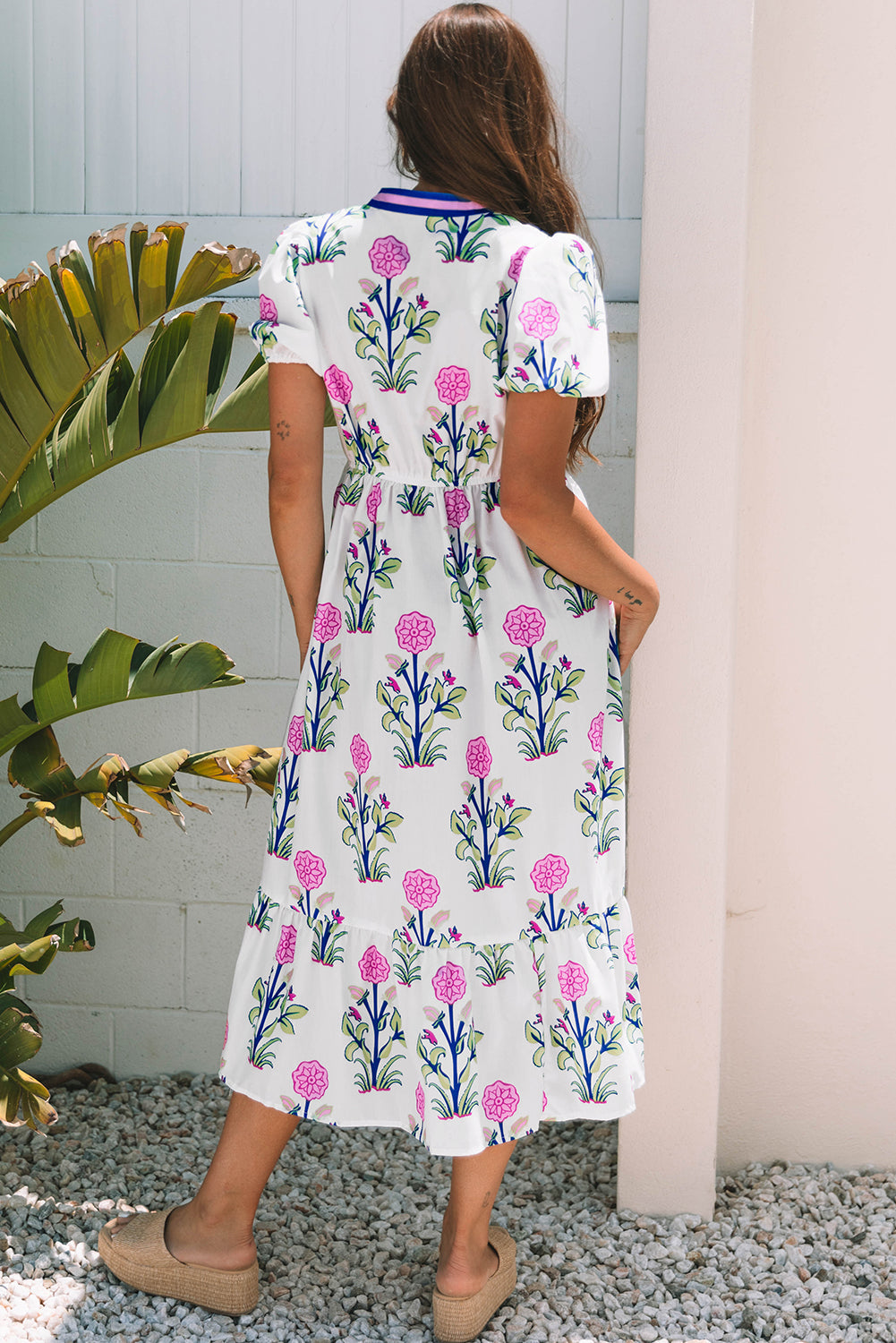 Floral Puff Short Sleeve V Neck High Waist Maxi Dress eAura