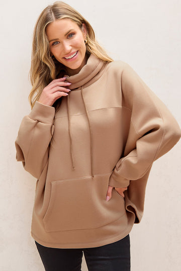 Light French Beige Drawstring Turtleneck Dolman Sleeve Sweatshirt eAura