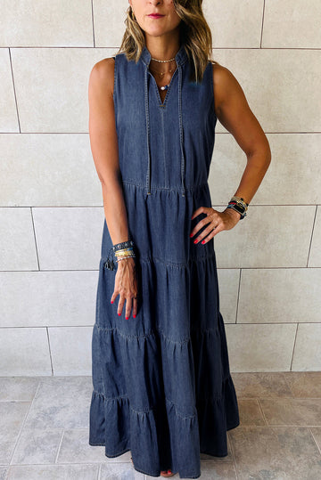 Real Teal Sleeveless Tiered Chambray Maxi Dress BB Fashion Outlet