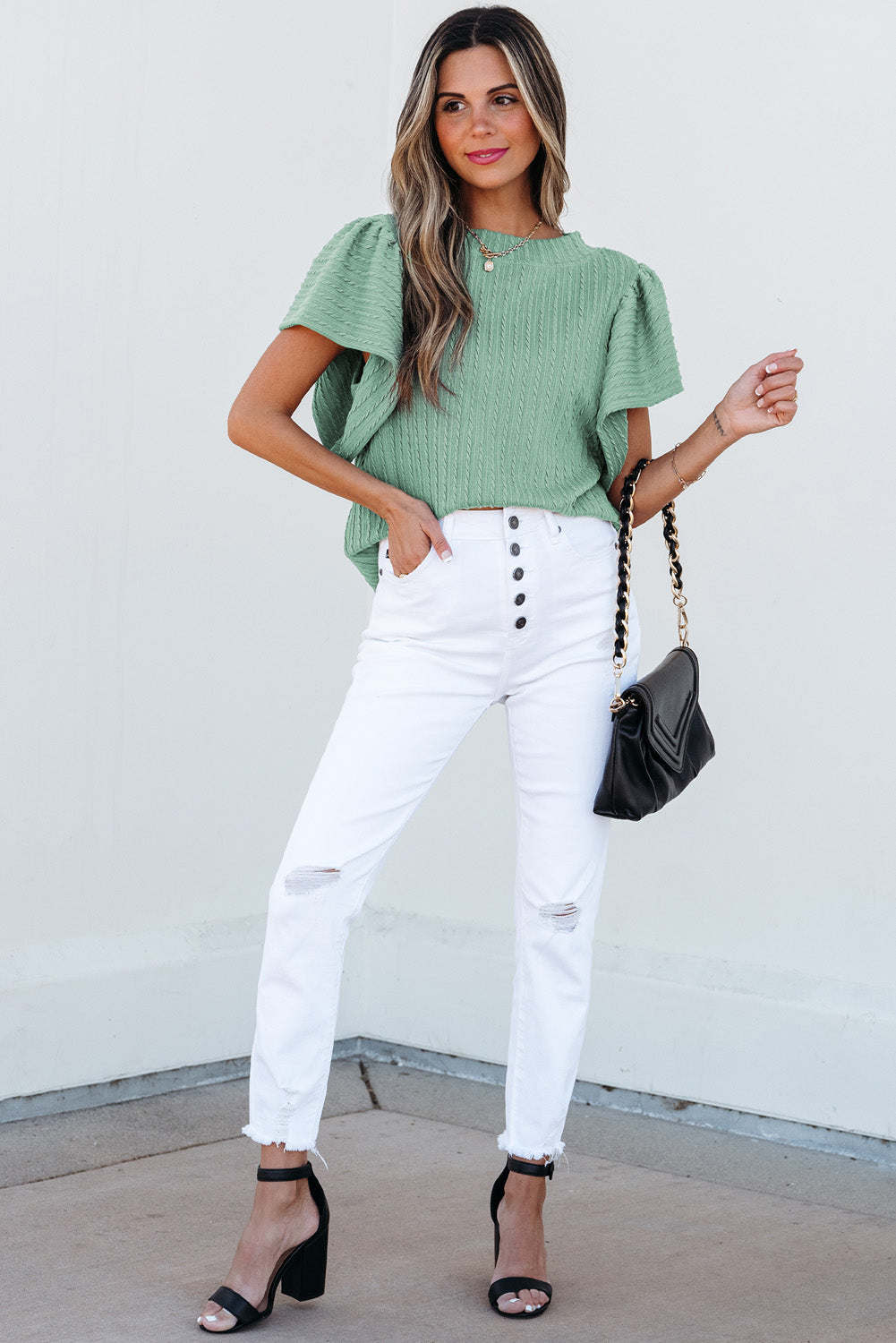 Moonlight Jade Solid Colour Textured Flutter Sleeve Top eAura