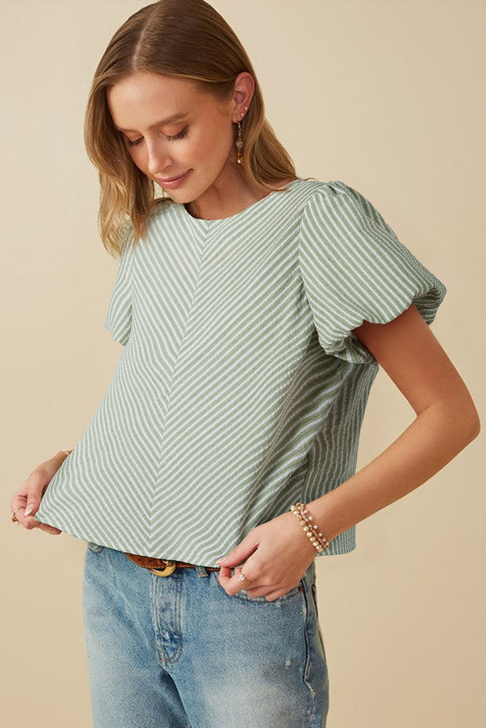 Green Stripe Textured Round Neck Short Puff Sleeve Blouse eAura