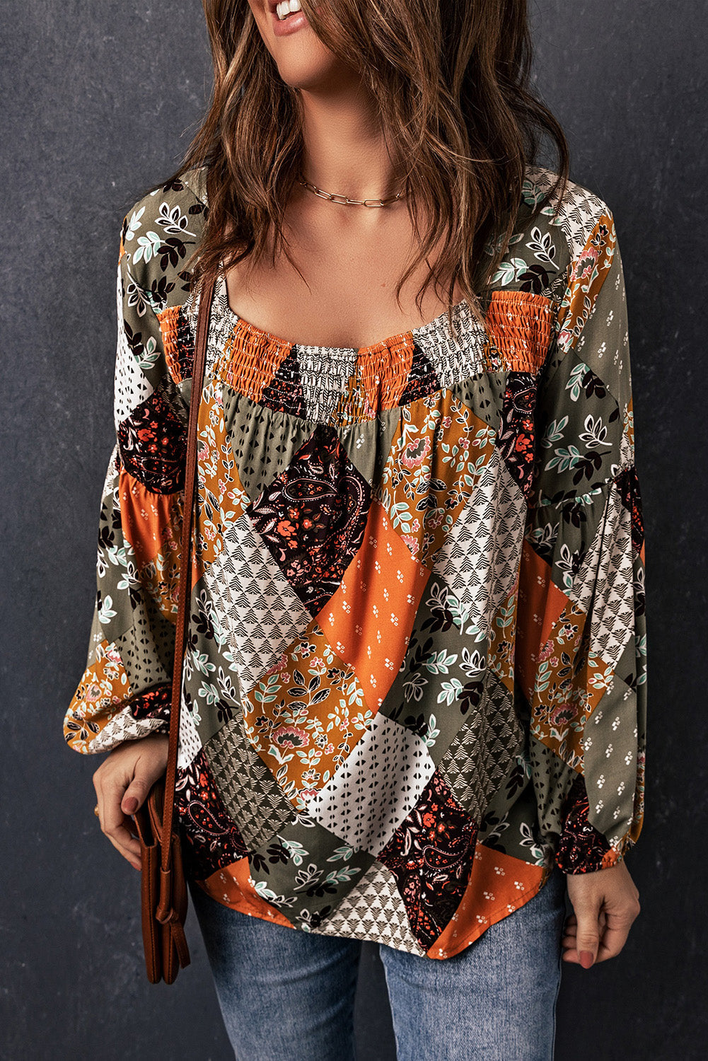 Green Square Neck Mixed Print Blouse eAura