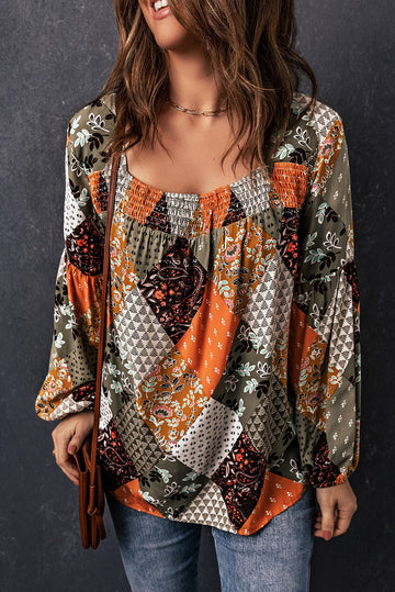 Green Square Neck Mixed Print Blouse eAura