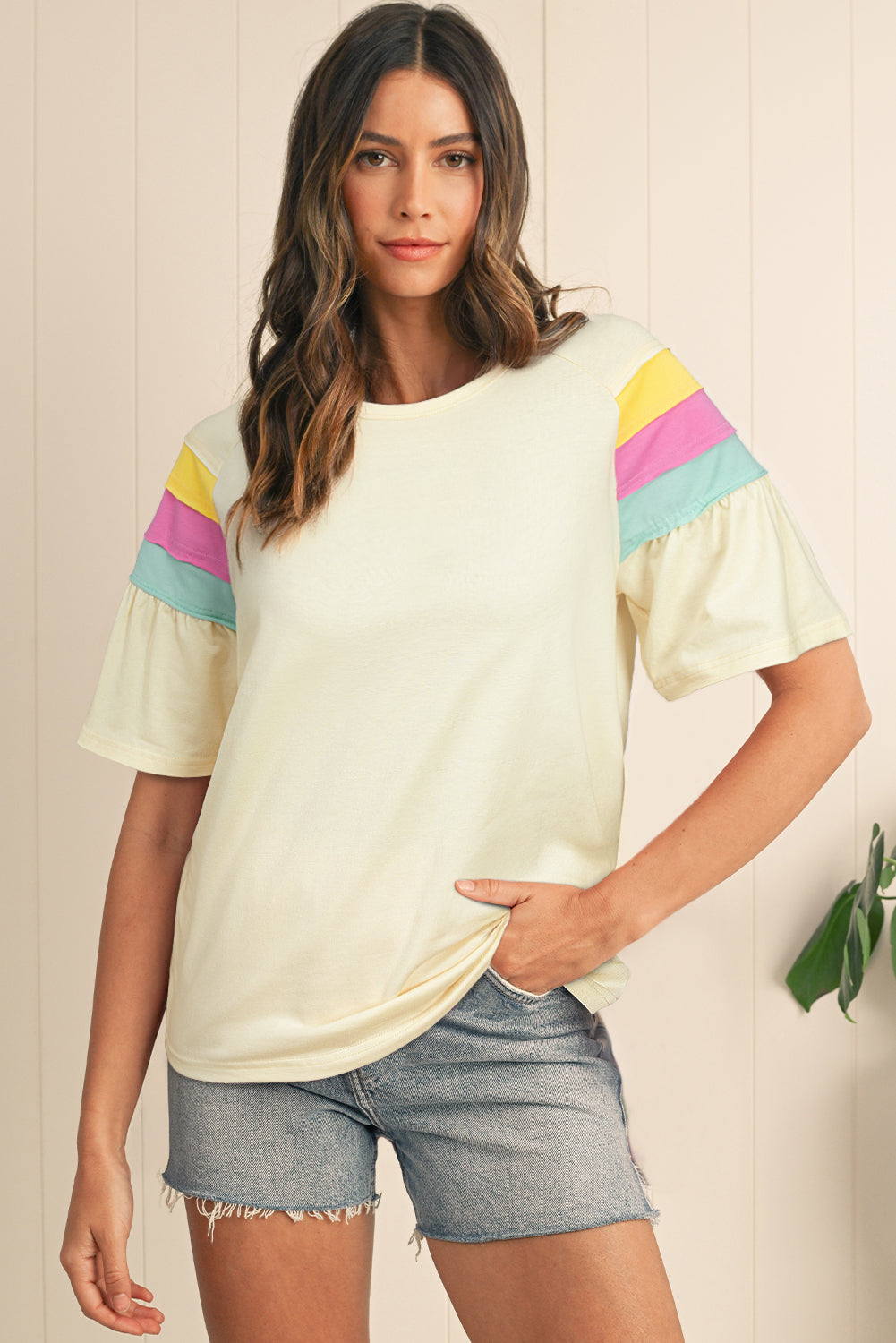 White Colour Block Stitched Sleeve Loose T Shirt eAura