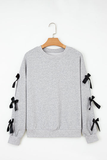 Light Grey Contrast Bow Applique Drop Sleeve Round Neck Sweatshirt eAura