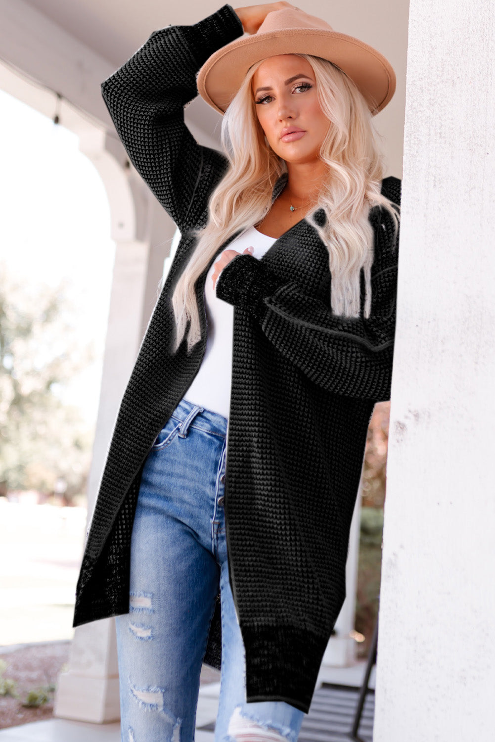 Apricot Plaid Knitted Long Open Front Cardigan eAura