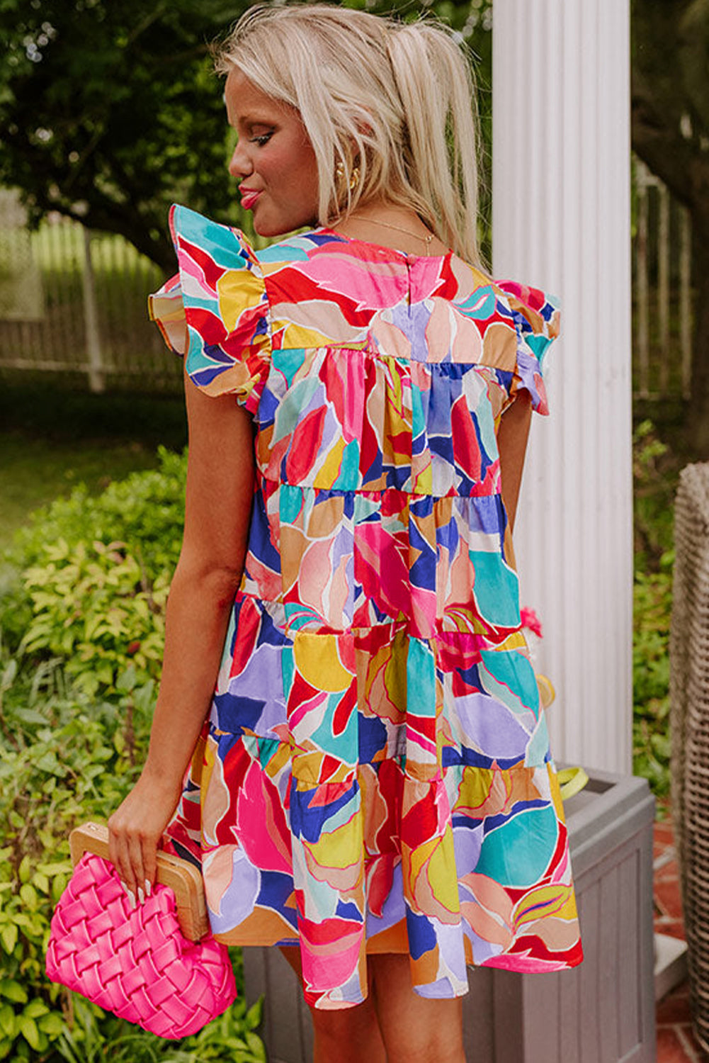 Pink Abstract Printed Ruffled Flutter Sleeve Tiered Mini Dress eAura