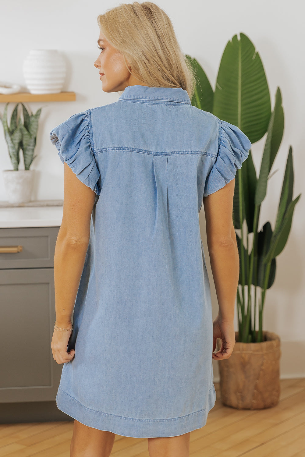 Beau Blue Flutter Sleeve Shirred Detail Button Up Denim Mini Dress eAura