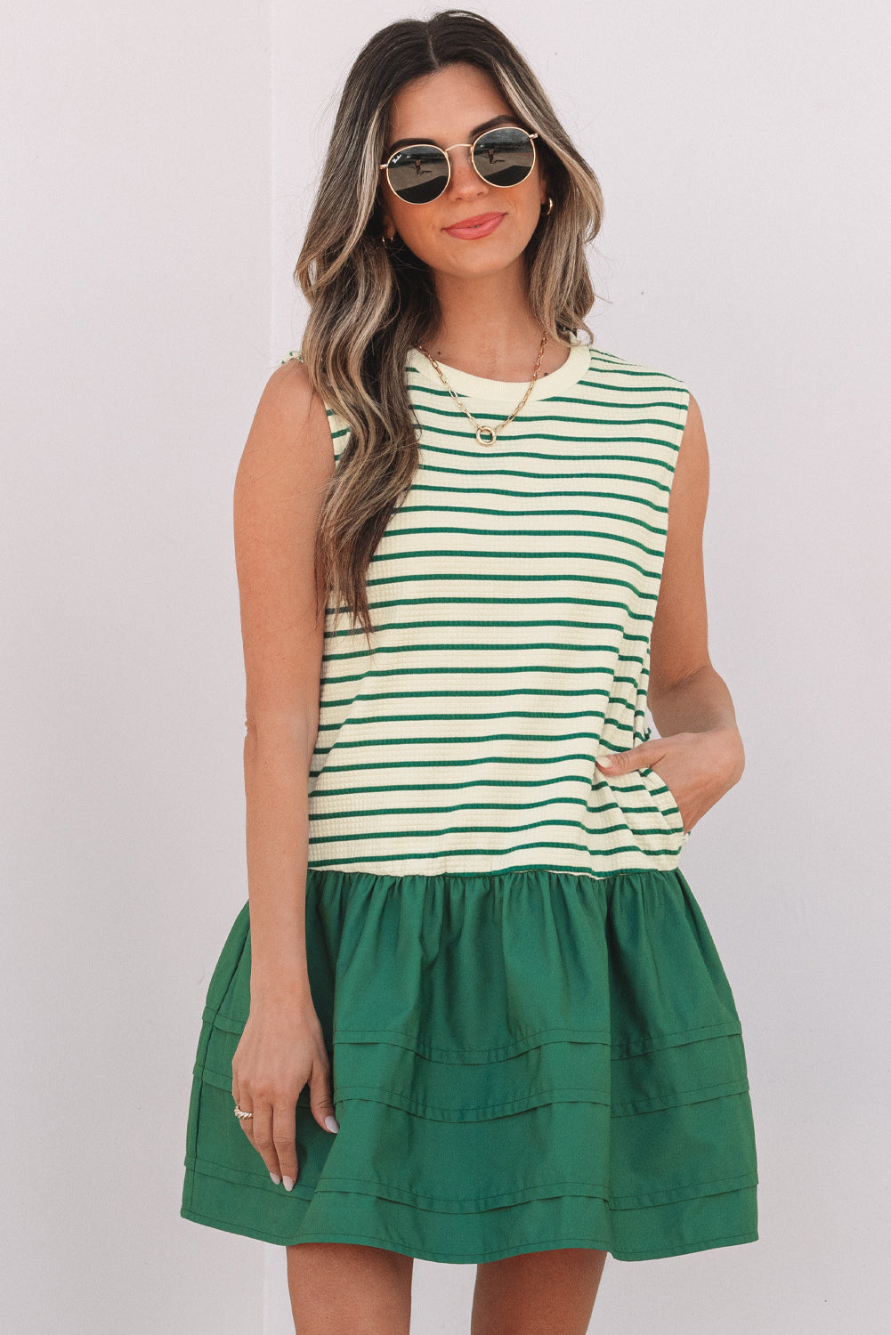 Green Stripe Woven Ruffled Sleeveless Mini Dress eAura