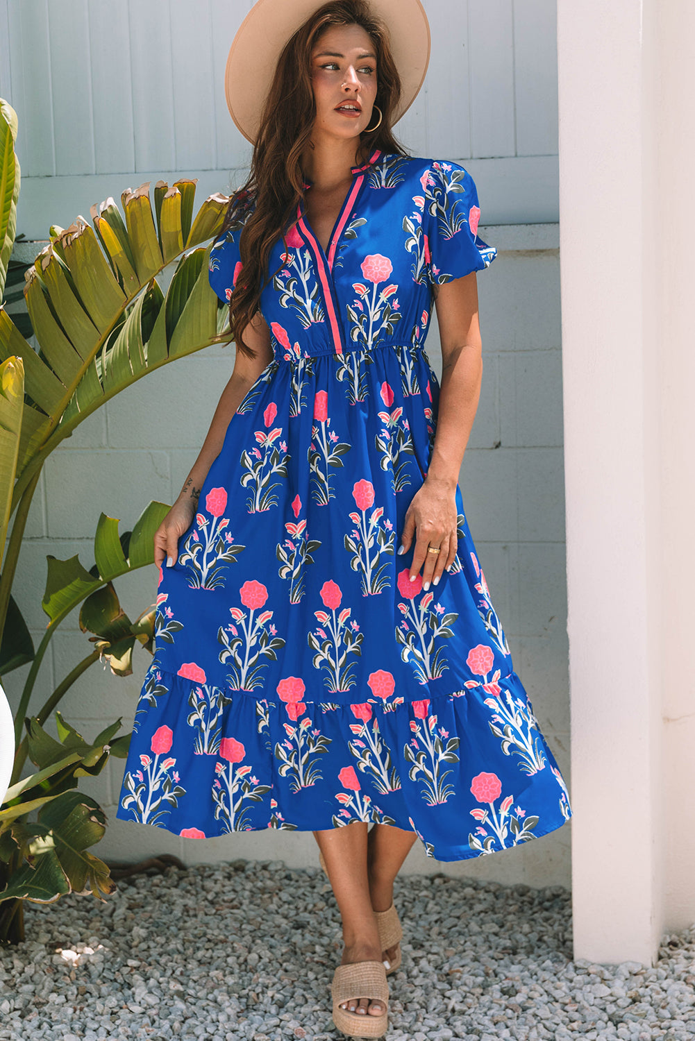 Floral Puff Short Sleeve V Neck High Waist Maxi Dress eAura