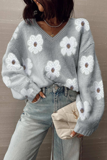 Flower Print V-Neck Drop Shoulder Oversized Sweater - eAura