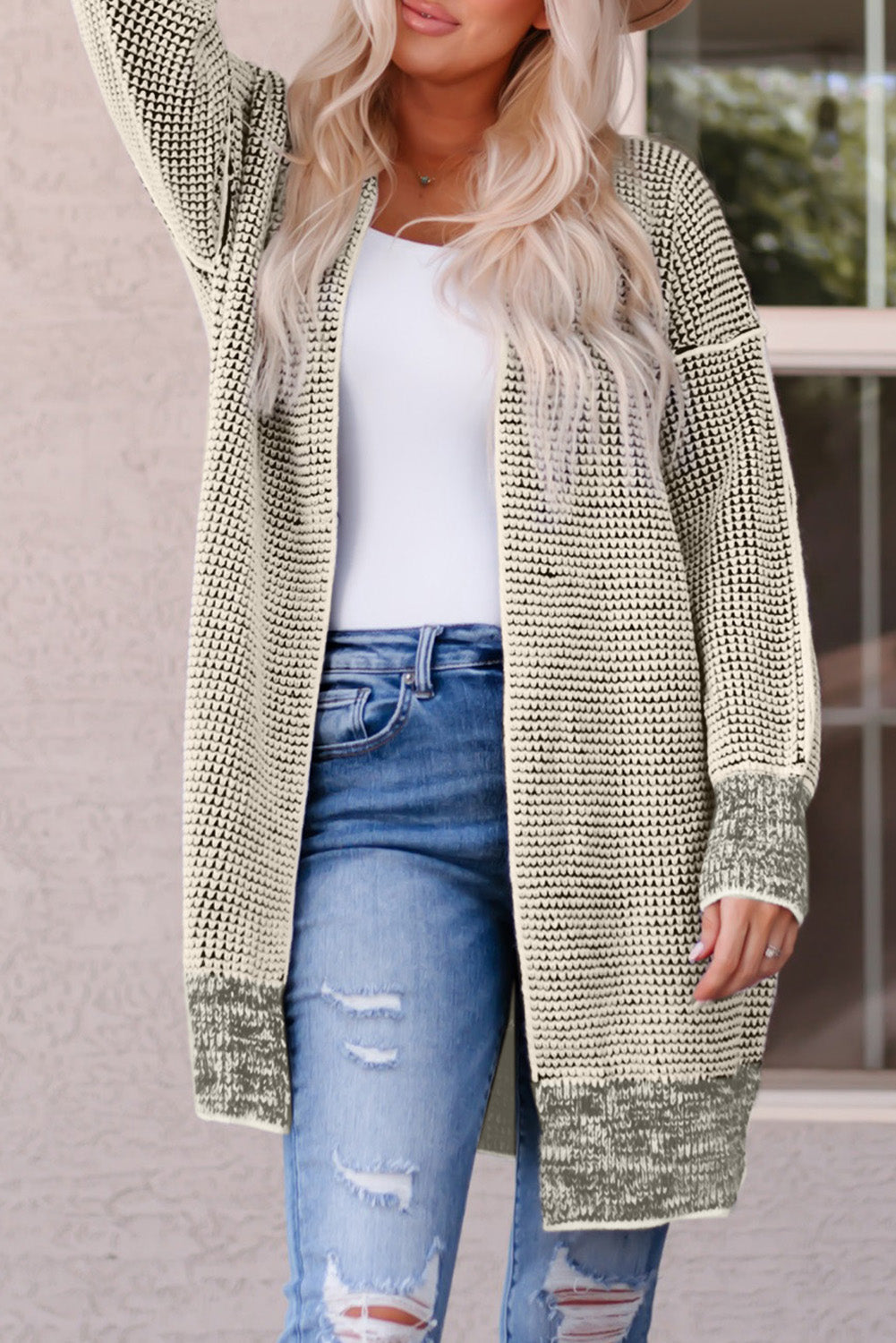 Apricot Plaid Knitted Long Open Front Cardigan eAura