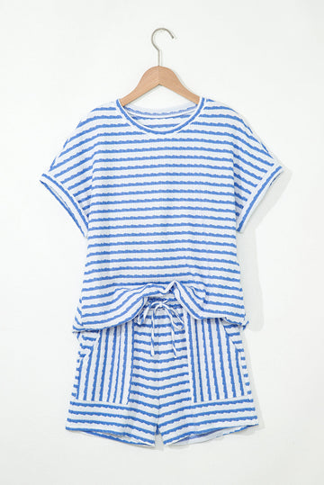 Black Stripe Knitted Short Sleeve Top and Drawstring Shorts Set eAura