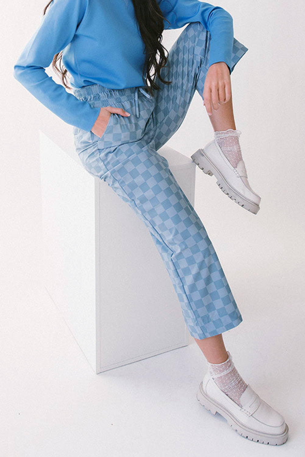 Checkered Elastic High Waist Loose Casual Trousers eAura