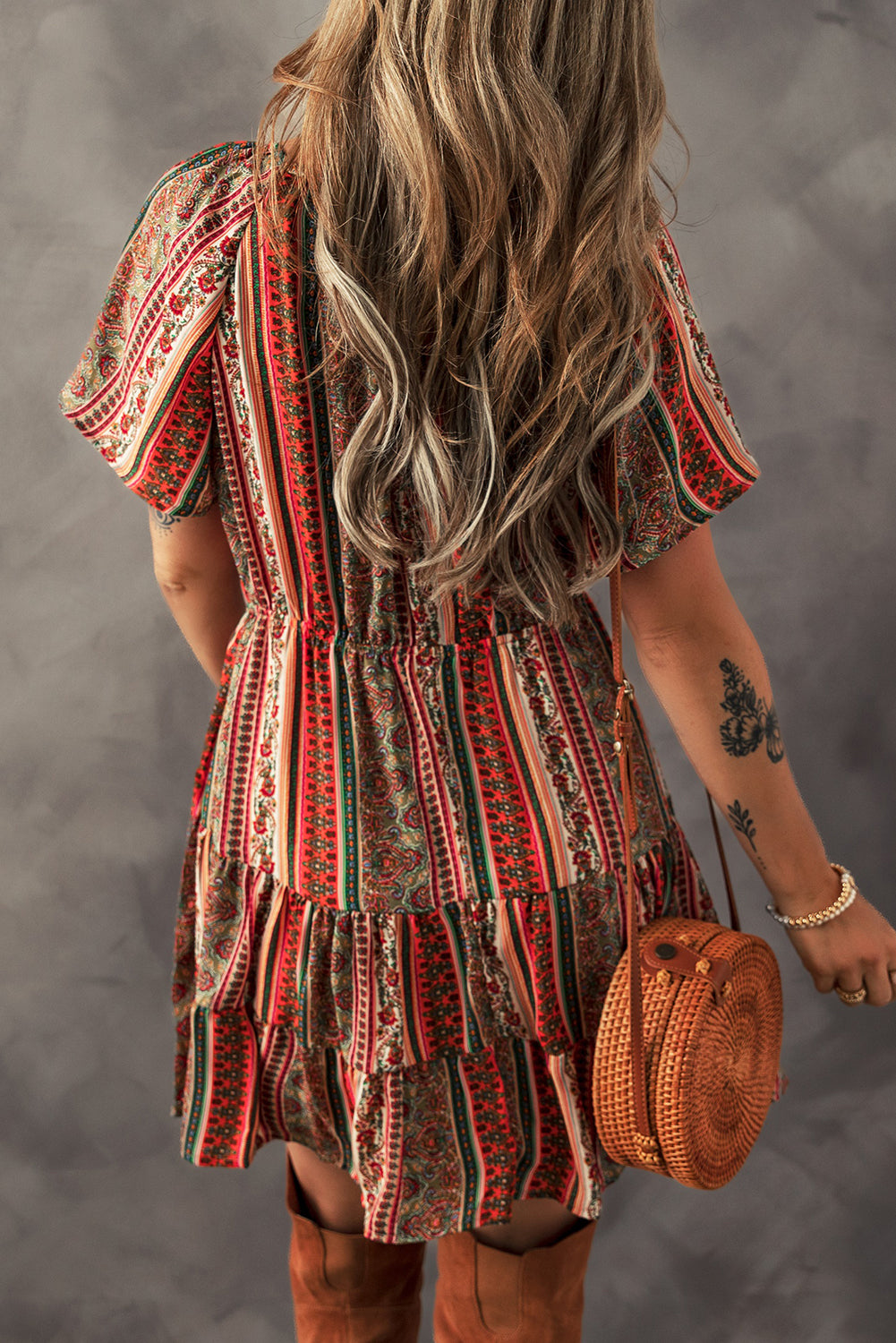 Red Bohemian Floral Print Buttoned V Neck Ruffle Tiered Dress eAura