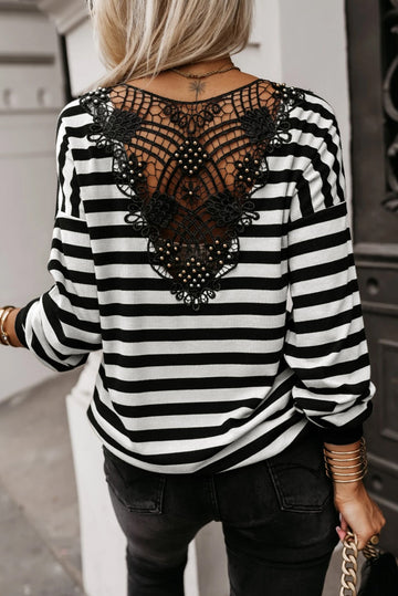 Black Stripe Crochet Hollow-out Back Buttoned Shoulder V Neck Top eAura