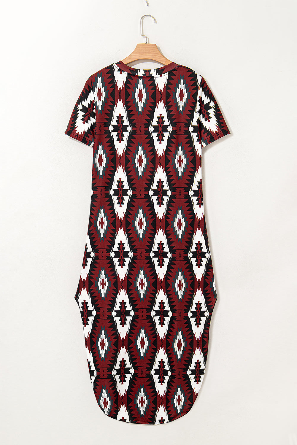 Red Western Aztec Printed Long T-shirt Dress eAura