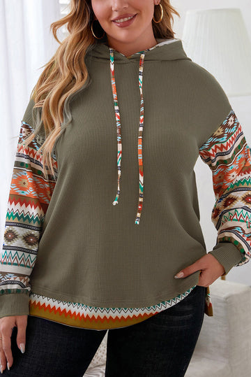 Jungle Green Aztec Patchwork Sleeve Waffle Drawstring Plus Hoodie BB Fashion Outlet