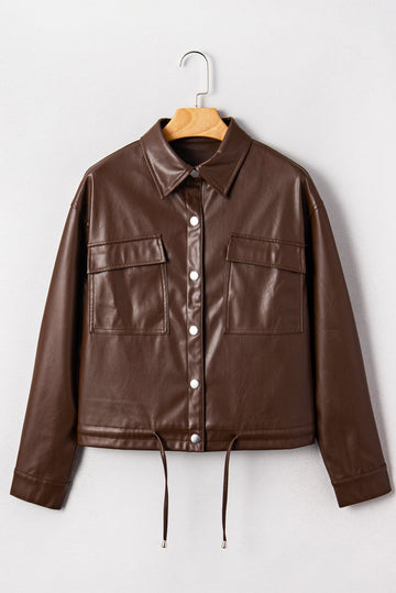 Brown Double Flap Pocket Drawstring Hem Leather Jacket eAura