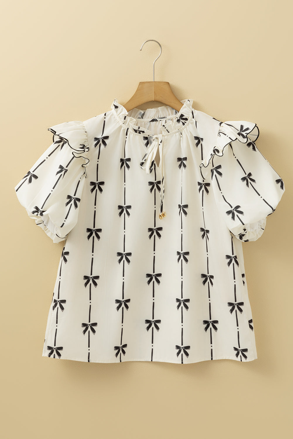 Beige Bow Printed Ruffled Bubble Sleeve Tied Notched V Neck Blouse eAura