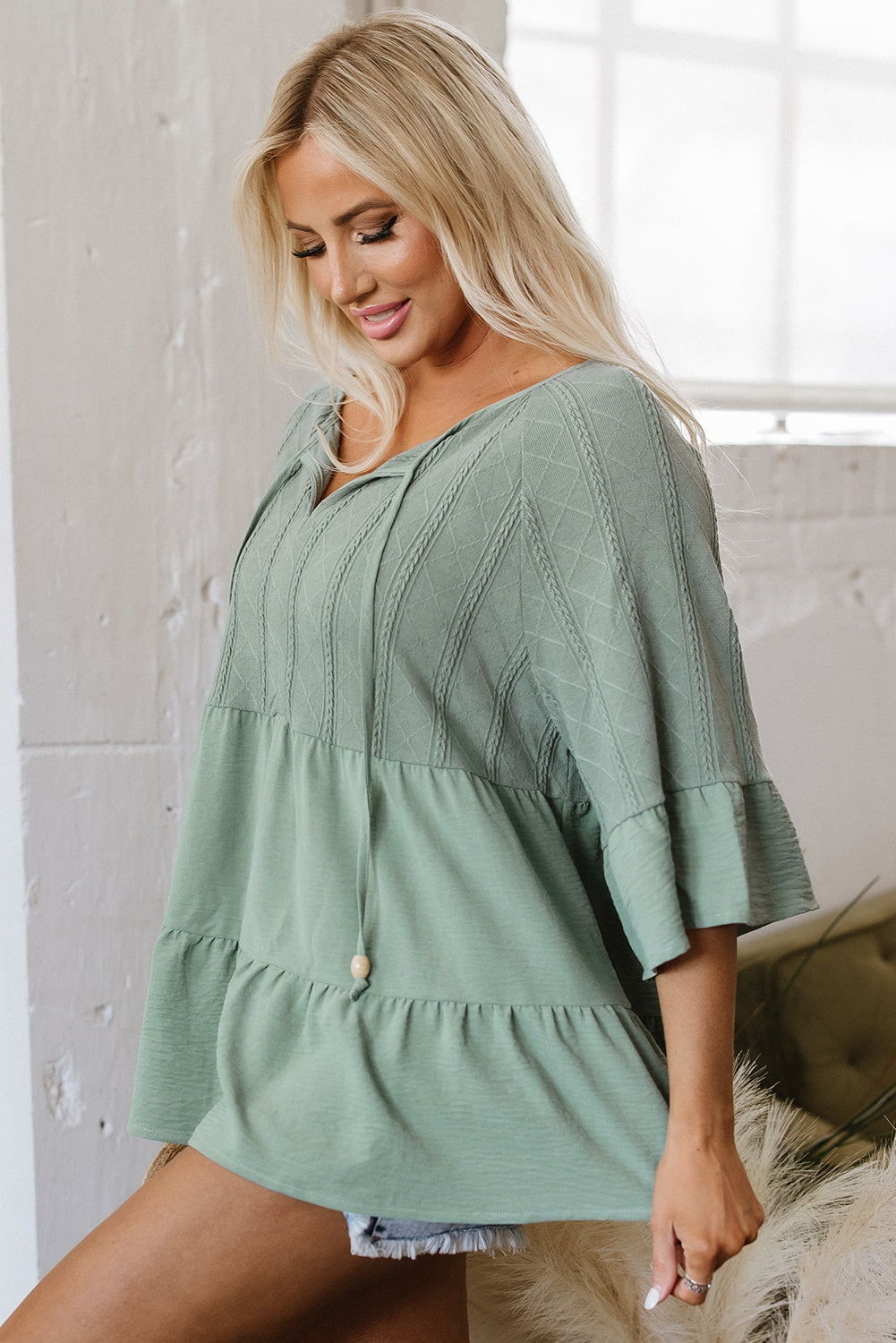 Laurel Green Tie Split Neck Textured Ruffle Patchwork Blouse eAura