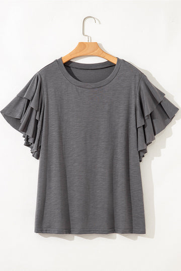 Dark Grey Double Ruffled Short Sleeve Plus Size Top BB Fashion Outlet