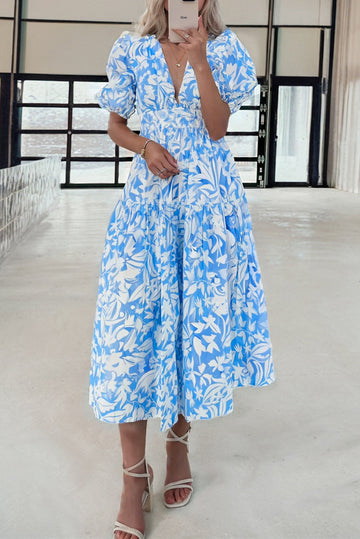 Sky Blue Floral V Neck Puff Short Sleeve Flowy Long Dress eAura