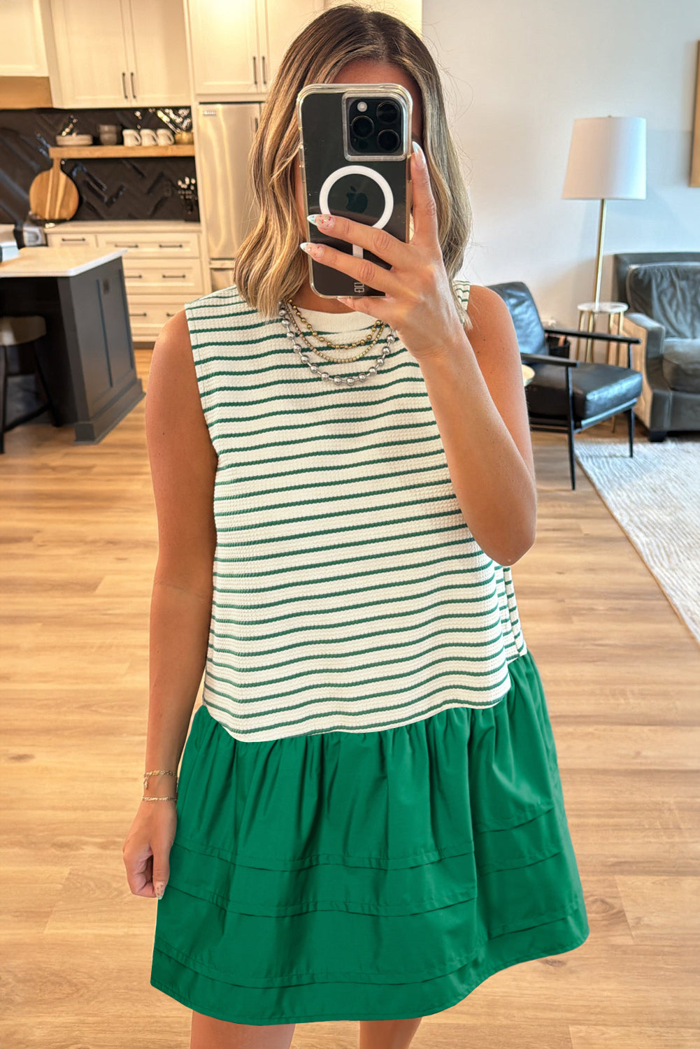 Green Stripe Woven Ruffled Sleeveless Mini Dress eAura
