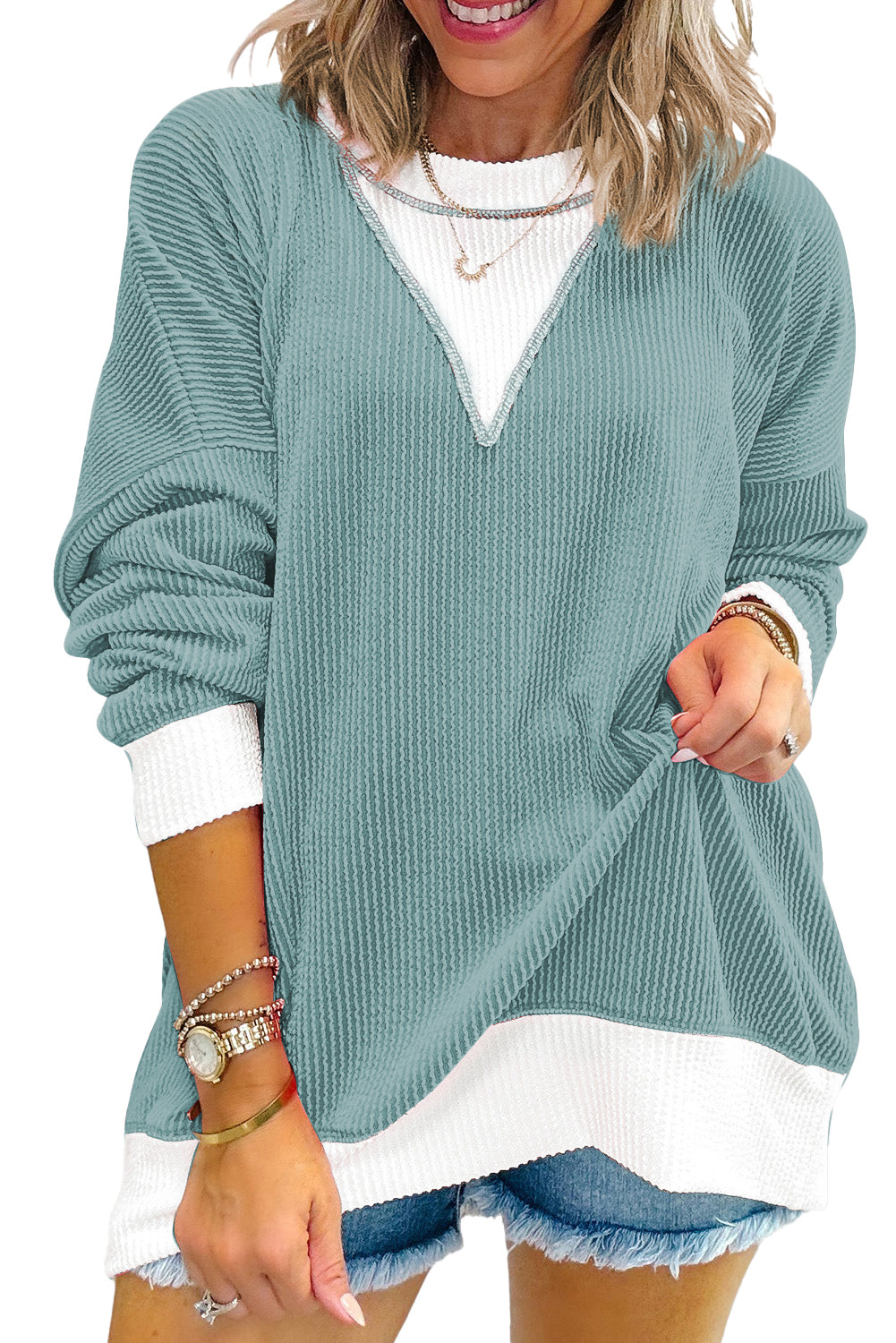 Light Blue Ribbed Colourblock Drop Shoulder Loose Top eAura