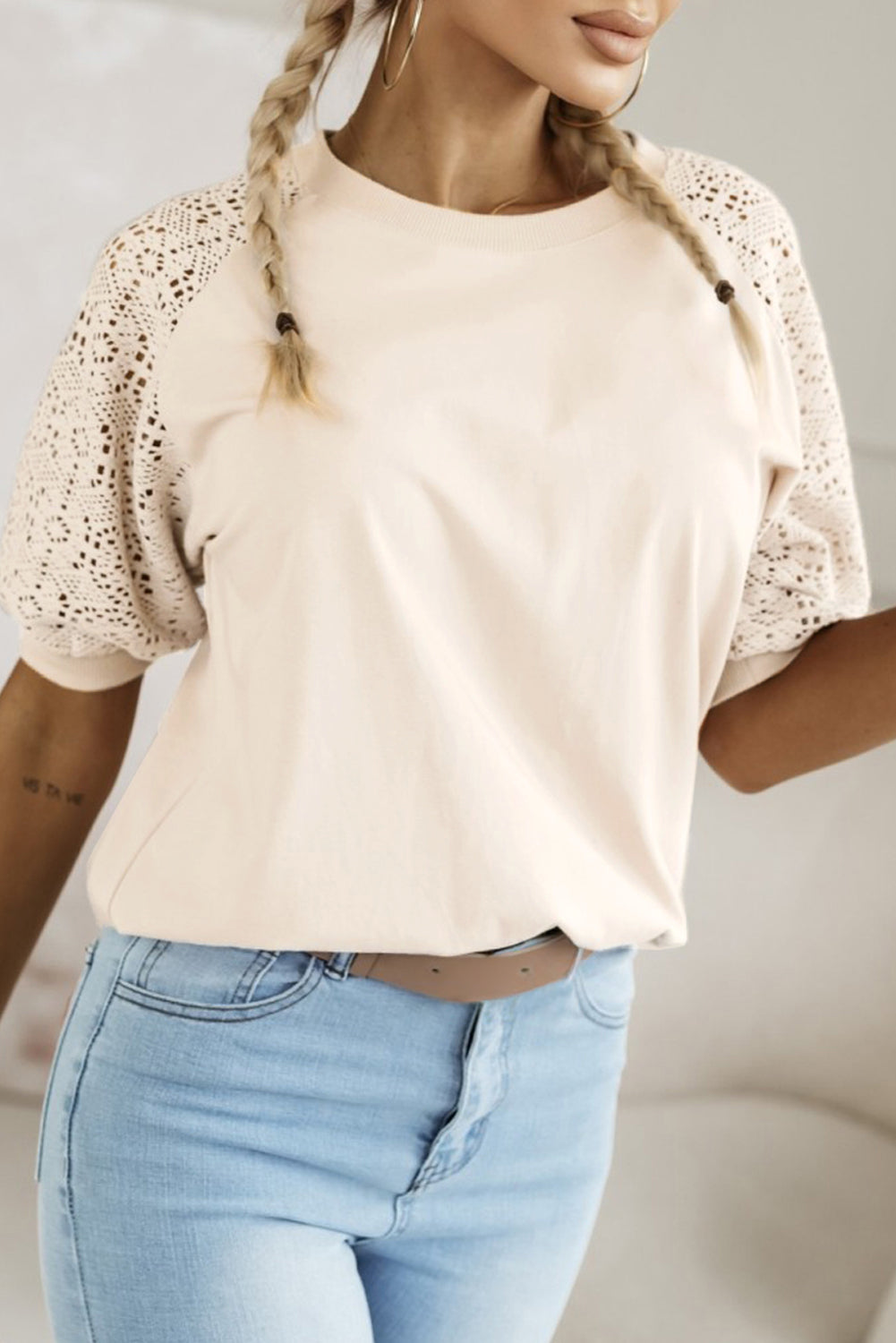 Jet Stream Lace Crochet Short Sleeve Round Neck T Shirt eAura