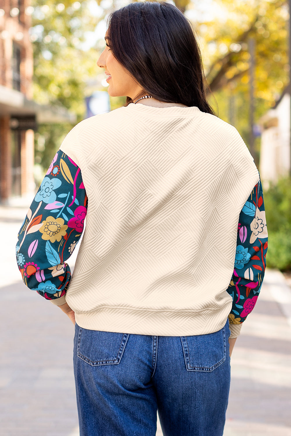 White Contrast Floral Sleeve Textured Drop Shoulder Knit Top eAura