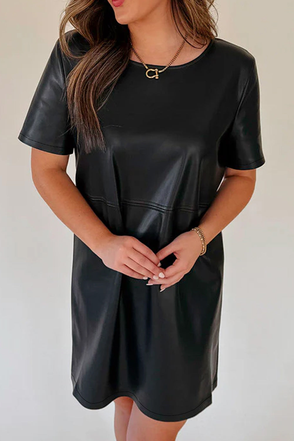 Black Faux Leather Loose T-shirt Dress eAura