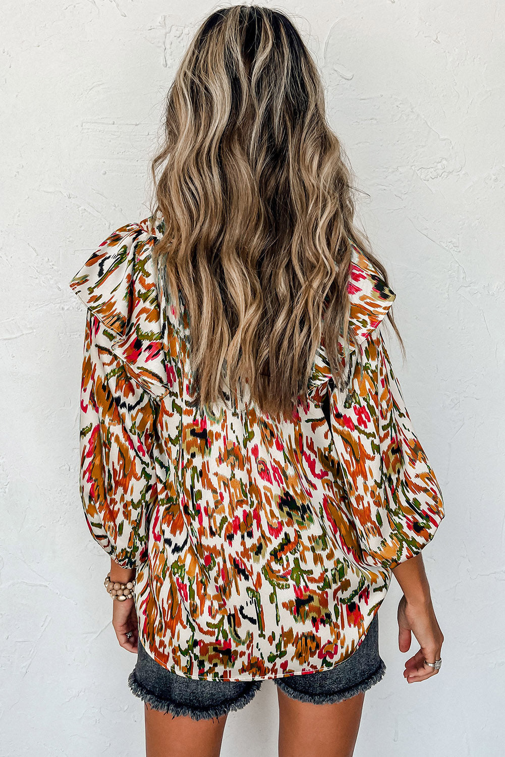MultiColour Abstract Print 3/4 Puff Sleeve Ruffle Blouse eAura