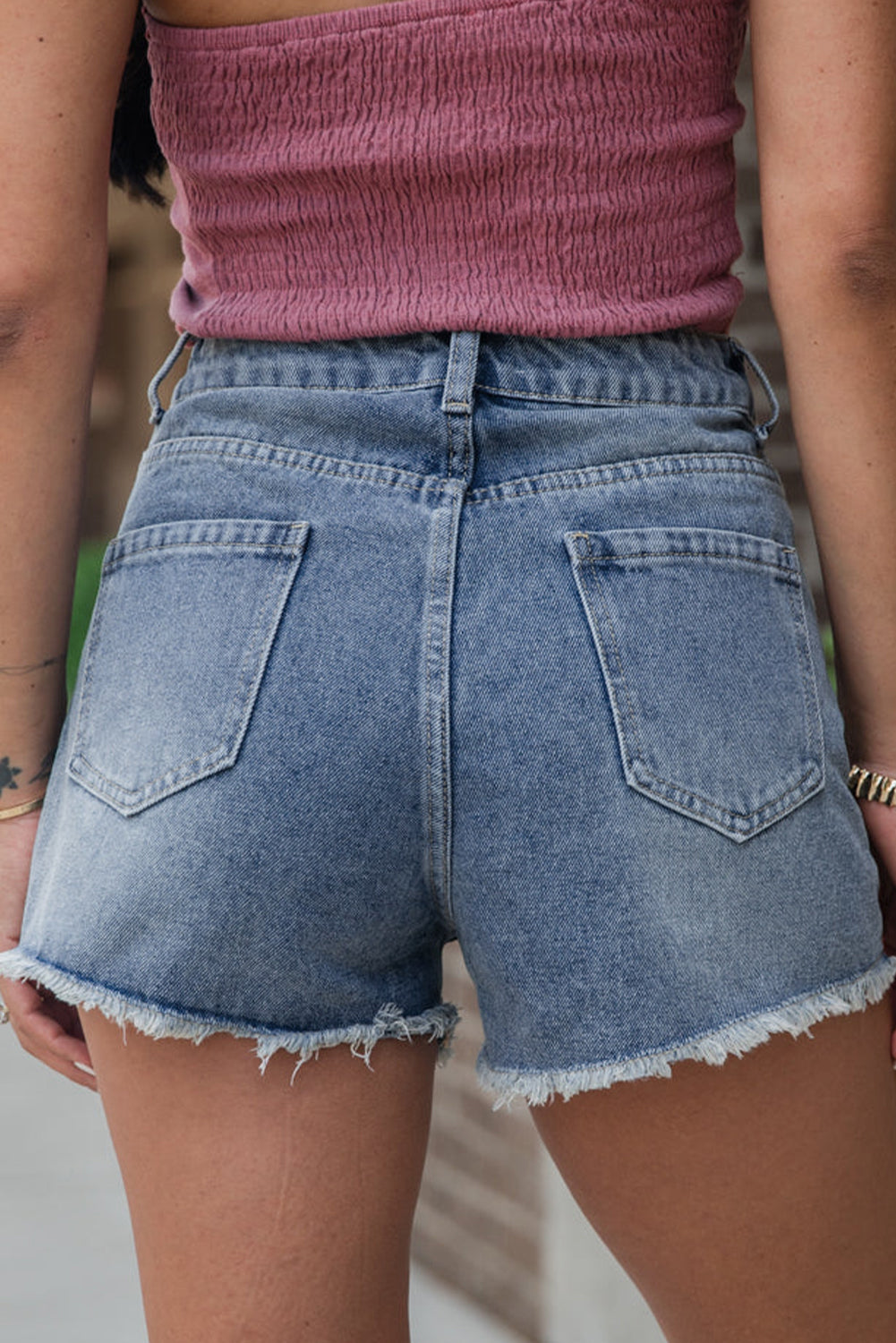 Dusk Blue Pearl Beaded Raw Hem Medium Wash Denim Shorts eAura