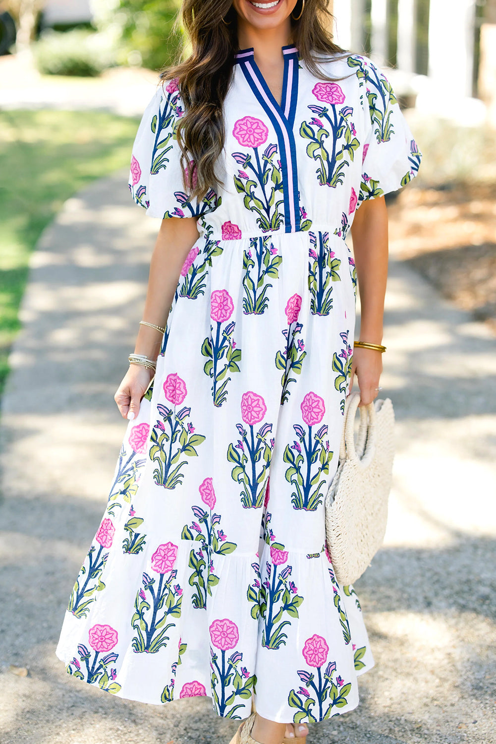 Floral Puff Short Sleeve V Neck High Waist Maxi Dress eAura